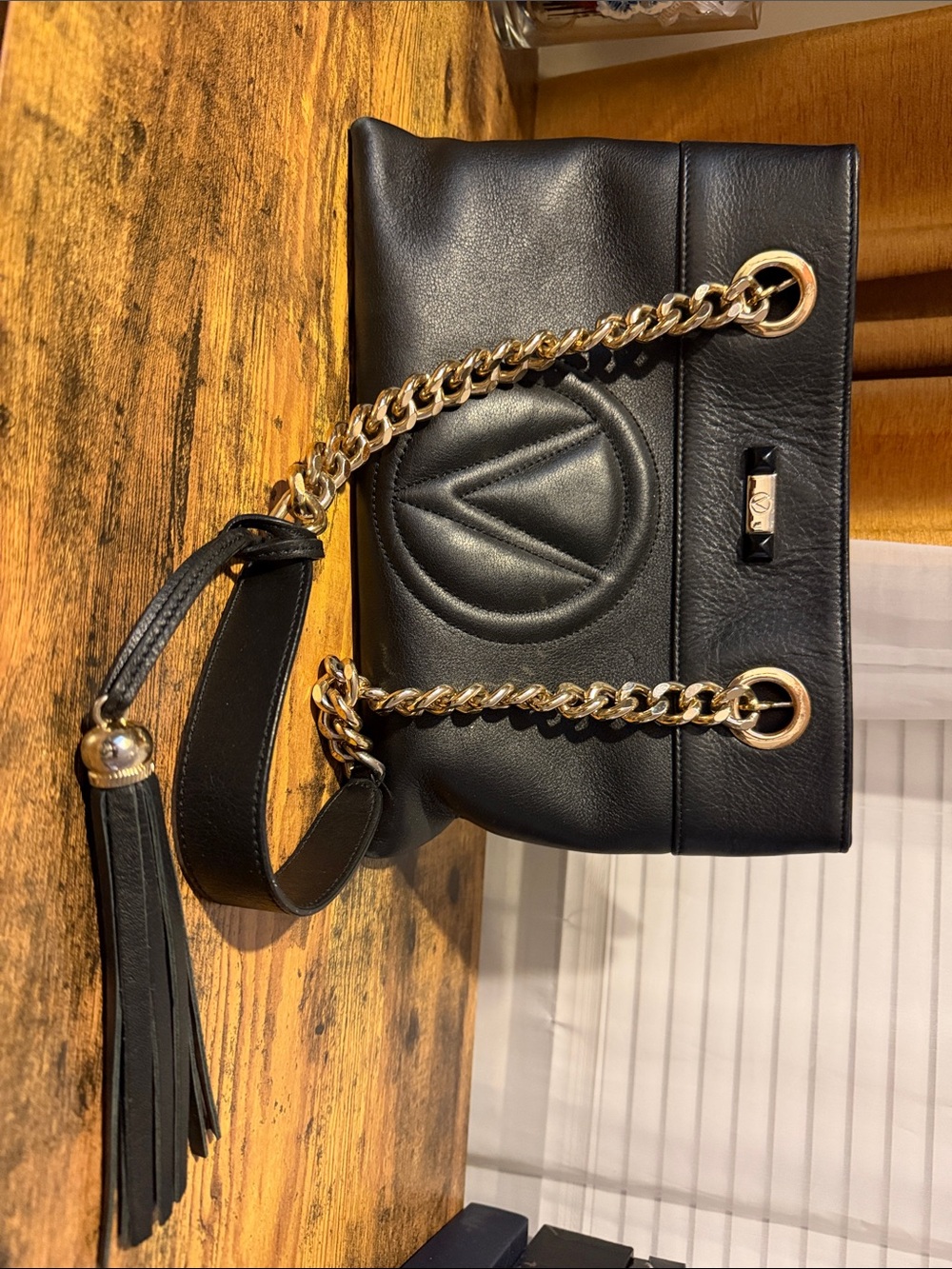Valentino Black Leather Mini Shoulder Bag with Gold Chain and Tassel